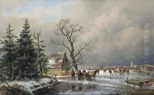 An Extensive Winter Landscape With Skaters And A Horse-drawn Sledge by Andreas Schelfhout