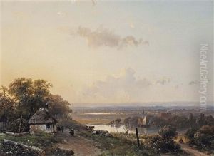 A Panoramic River Landscape With Travellers On A Path by Andreas Schelfhout