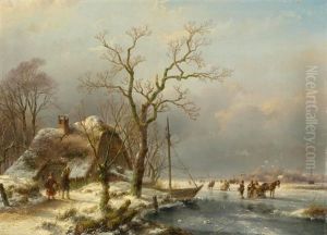 Winterliche Seelandschaft Mit Reisigsammlern