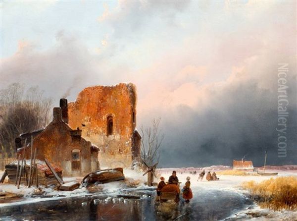 Ijsvermaak Met Figuren Bij Het Wak Van Een Ijsvisser - view 1