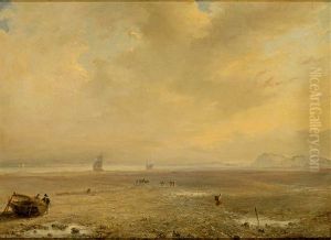 Morgendliche Kustenlandschaft An Der Nordsee; Im Vordergrund Muschelsammler