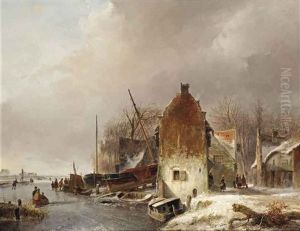 A Frozen Waterway With Figures By A Koek-en-zopie In Front Of A Slipway