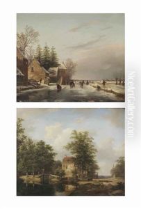 A Summer Landscape With A Mansion Near A Stream; A Winter Landscape With Figures Skating On A Frozen Waterway (pair)