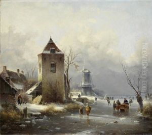 Wintertag Vor Einer Stadt Mit Windmuhle Und Schlittschuhlaufern