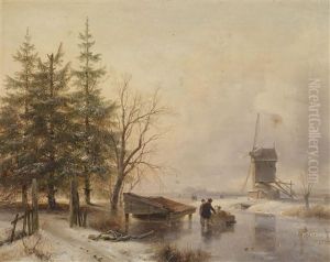 Hollandische Winterlandschaft Mit Schlittschuhlaufern by Andreas Schelfhout