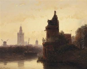 A View Of Delft With The Bagijnetoren, The Oude Kerk And Nieuwe Kerk Beyond by Andreas Schelfhout