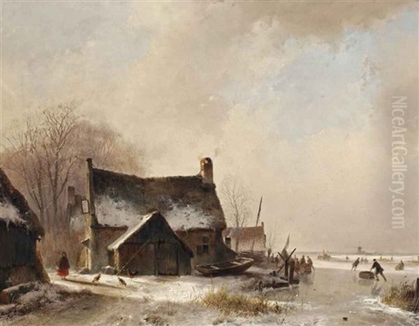 A Farm House Near A Frozen Waterway With Figures Skating - view 1