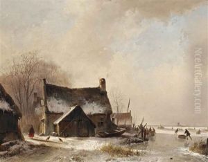 A Farm House Near A Frozen Waterway With Figures Skating by Andreas Schelfhout