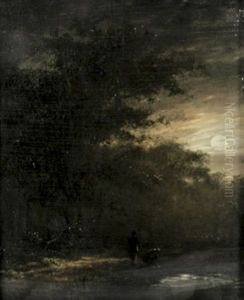Nachtliche Waldlandschaft Mit Zwei Wanderern An Einem Teich by Andreas Schelfhout
