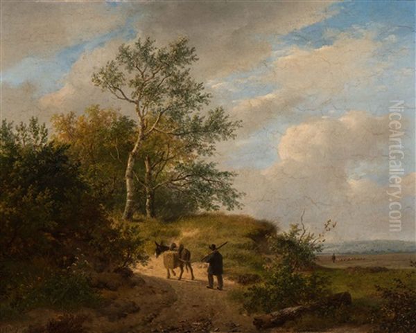 Farmer And Donkey On A Heathland Path, A Shepherd With Flock In The Background - view 1