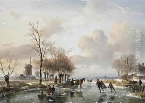 Skaters On A Frozen Waterway On A Sunny Wintersday, A Cottage And Windmills On The Riverbank by Andreas Schelfhout