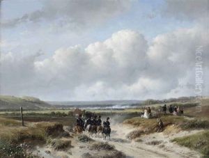 Manoeuvres Of The Hague Garrison On The Waalsdorpvlakte, With The 3rd Regiment Of Light Dragoneers In Foreground by Andreas Schelfhout