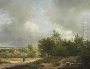 Shepherds With Their Flock In A Wooded Landscape by Andreas Schelfhout