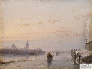 Abendliche Winterlandschaft Mit Personen Auf Einem Zugefrorenen Kanal Vor Stadtsilhouette by Andreas Schelfhout