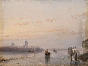 Abendliche Winterlandschaft Mit Personen Auf Einem Zugefrorenen Kanal Vor Stadtsilhouette by Andreas Schelfhout
