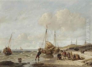 Fisherfolk On The Beach Of Scheveningen by Andreas Schelfhout