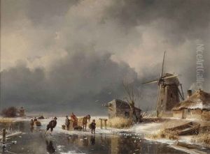 A Horse-drawn Sleigh And Towns People On A Frozen Waterway