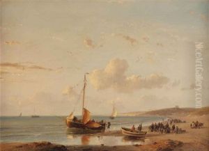 A Moored Fishing Vessel On The Beach Of Scheveningen, With Pavilion Von Wied In The Distance by Andreas Schelfhout