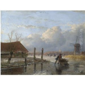 A Wood Gatherer On A Frozen Waterway, Skaters In The Distance by Andreas Schelfhout