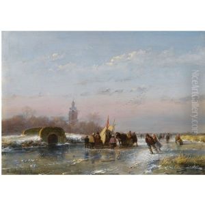 A Frozen Waterway With Skaters By A Refreshment Stall by Andreas Schelfhout