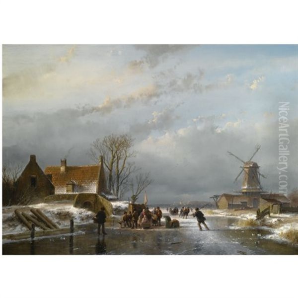 A Winter Landscape With Skaters By A Refreshment Stall, Mills Beyond - view 1