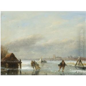 A Winter Landscape With Skaters On The Ice by Andreas Schelfhout