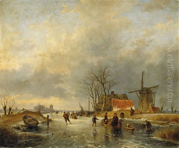 Winterlandschaft Mit Muhle Und Eislaufern - view 1