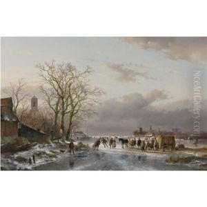 Numerous Skaters And A Horse-sledge By A Refreshment Stall, A Town In The Distance Numerous Skaters And A Horse-sledge By A Refreshment Stall, A Town In The Distance