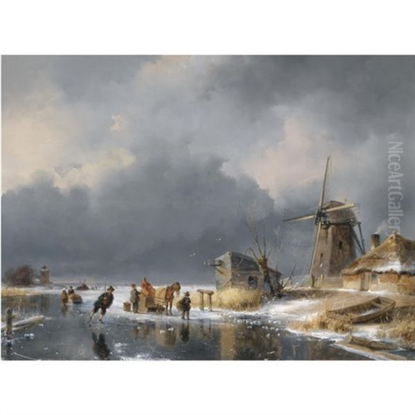 A Winter Scene With Figures And A Horse Sledge By A Mill, A Refreshment Stand In The Background - view 1