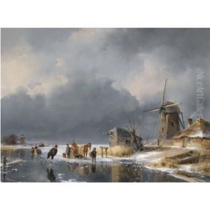 A Winter Scene With Figures And A Horse Sledge By A Mill, A Refreshment Stand In The Background by Andreas Schelfhout