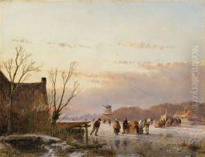 Winterlandschaft Mit Zugefrorenem Fluss by Andreas Schelfhout