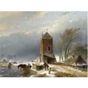 A View Of A Frozen Canal With Figures Near A Horse Drawn Sledge