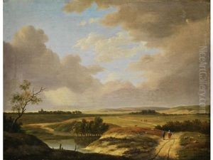 Weite Wiesenlandschaft Mit Teich, Figurenstaffage Und Dorf Mit Kirchturm Hinter Einem Waldchen