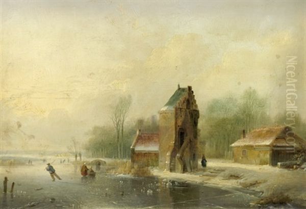 Winterlandschaft Mit Schlittschuhlaufern Bei Einem Dorf - view 1