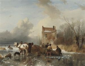 Ice Fishing: Hauling In The Nets On A Winter's Day (collab W/joseph Jodocus Moerenhout) by Andreas Schelfhout