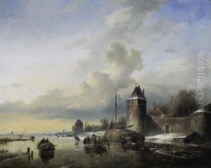 Winterliche Vereiste Fluslandschaft Vor Den Toren Einer Stadtanlage Mit Figurenstaffage