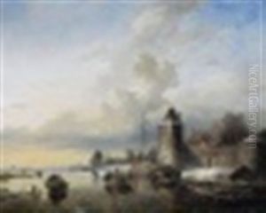 Winterliche Vereiste Fluslandschaft Vor Den Toren Einer Stadtanlage. Figurenstaffage Winterliche Vereiste Fluslandschaft Vor Den Toren Einer Stadtanlage. Figurenstaffage