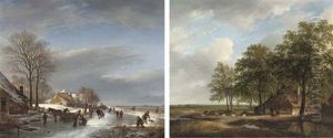 Townspeople Skating On A Frozen Stream (+ A Farmhouse Amongst Trees In Summer; Pair)