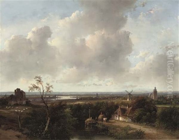 A Panoramic Summer Landscape With The Ruins Of Brederode Castle Near Haarlem by Andreas Schelfhout