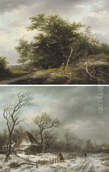 Along A Country Track In Winter (+ Sportsmen By A Forest Edge In Summer; Pair) - view 1