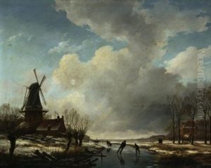 Hollandische Kanallandschaft Im Winter by Andreas Schelfhout