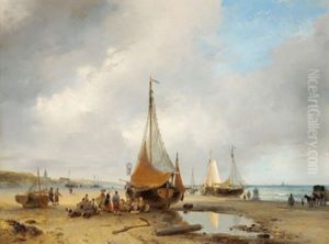 Fischerboote Am Strand Und Reiche Figurliche Staffage by Andreas Schelfhout