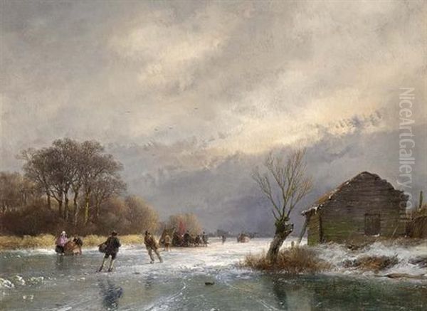 Skaters On A Frozen Waterway, A Koek En Zopie In The Distance - view 1