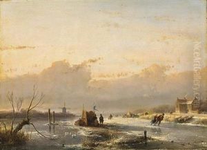 A Frozen River With Skaters And A Koek En Zopie by Andreas Schelfhout