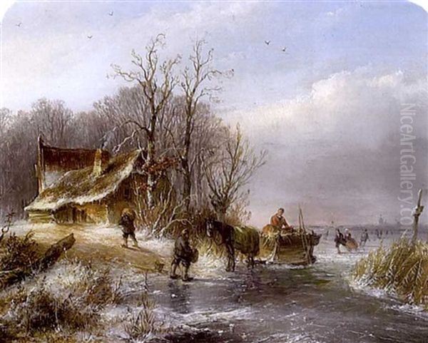 A Winter Landscape With A Horse And Sledge Being Unloaded And Skaters In The Distance - view 1