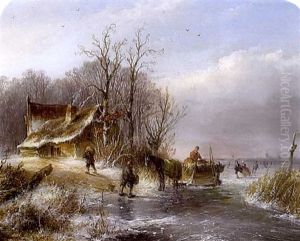 A Winter Landscape With A Horse And Sledge Being Unloaded And Skaters In The Distance by Andreas Schelfhout