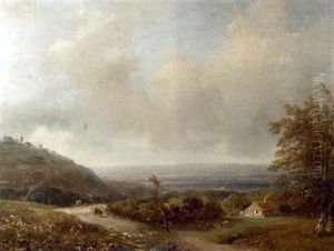 Panoramic Summer Landscape With Travellers Resting On A Path Panoramic Summer Landscape With Travellers Resting On A Path