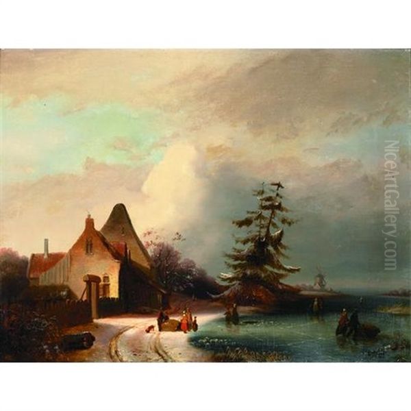 A Winter Landscape With Figures Skating On A Frozen River And A Windmill Beyond - view 1