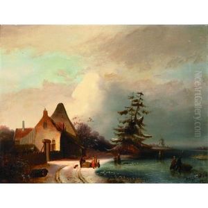 A Winter Landscape With Figures Skating On A Frozen River And A Windmill Beyond by Andreas Schelfhout