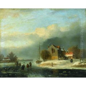 A Winter Landscape With Cottages And A Boat By A Frozen River With Figures Skating In The Foreground by Andreas Schelfhout